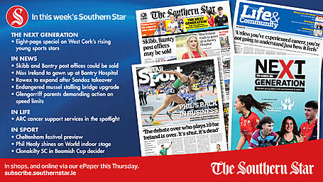 IN THIS WEEK’S SOUTHERN STAR: Eight-page special on West Cork’s rising sports stars; Skibbereen and Bantry post offices could be sold; Miss Ireland to gown up at Bantry Hospital; Rowex to expand after Sandoz takeover; Endangered mussel stalling bridge upgrade; Glengarriff parents demanding action on speed limits; ARC cancer support services in the spotlight; Cheltenham festival preview; Phil Healy shines on World indoor stage; Clonakilty SC in Beamish Cup decider Image