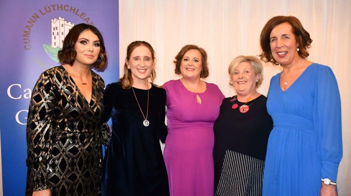 Members of Castlehaven's senior ladies' committee enjoying the celebrations; from left, Ciara Davis (assistant secretary), Cliodhna Mulcahy (treasuer), Kathryn Courtney (assistant chairperson), Eleanor O'Connell (secretary) and Marie Buckley (chairperson). (Photo: Anne Minihane)