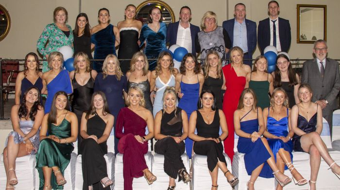 The all-conquering Castlehaven ladies senior football team, which was crowned county senior B football champions in 2023, pictured at the club’s recent medal presentation and dinner dance in the West Cork Hotel. Back from left, Tina Browne, Laura O’Donoghue, Mairéad O’Driscoll, Grace O’Connell, Emma O’Callaghan, Brian Hourihane, Maeve Davis, Dinny Cahalane and John McGuckin. Middle from left, Jessica McCarthy, Alice O’Driscoll, Niamh O’Sullivan, Lisa O’Mahony, Mairéad Courtney, Shelley Daly, Hannah Sheehy, Becca Sheehy, Katelyn O’Driscoll, Ellen Connolly, Niamh O’Driscoll and outgoing GAA President Larry McCarthy. Front from left, Ria Wilson, Ellen Maguire, Ellie McCarthy, Rachel Whelton, Noreen O’Sullivan, Emma Daly, Emma McCarthy, Áine Daly and Ellen Buckley.  (Photo: Andrew Harris)