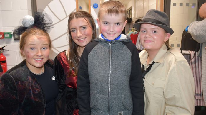 Paudie Bohane with his sister Grace Bohane, right and fellow cast members of Skibbereen Community School's Transition Year production of Chitty Chitty Bang Bang  Mia McCarty and Emily O'Donovan, the musical played to to full houses at the school last week. Photo; Anne Minihane.