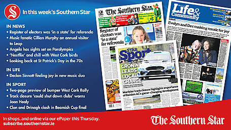IN THIS WEEK'S SOUTHERN STAR: Register of electors was 'in a state' for referenda; Music fanatic Cillian Murphy an annual visitor to Leap; Two-page preview of West Cork Rally's bumper weekend and lots more! Image