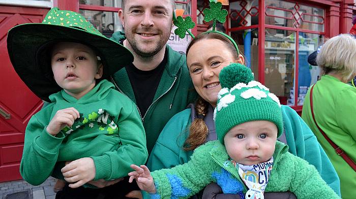 All dressed up for the St. Patrick's Day Parade in Skibbereen were Michael Mullins, Finn, Joey and Laura Burke from Skibbereen. (Photo: Anne Minihane)
0)