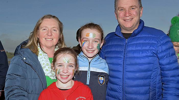 At the Courtmacsherry St. Patrick’s Day parade were (left to right): Mairead, Emma, Sarah and Damien Madden.  Photo: Martin Walsh.