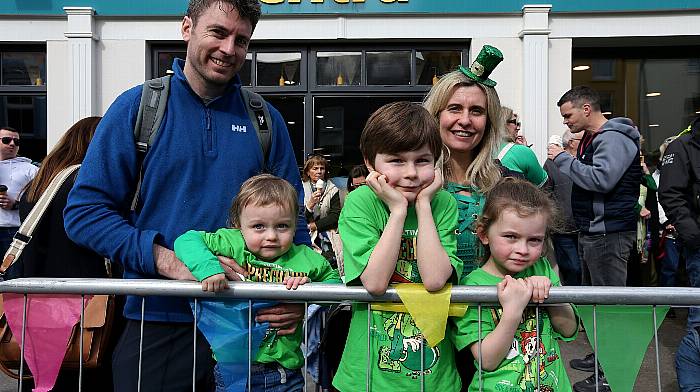 John and Lydia Russell and children Oliver, Henry and Emilie enjoying the St Patrick's day parade in Schull. Photo by Carlos Benlayo