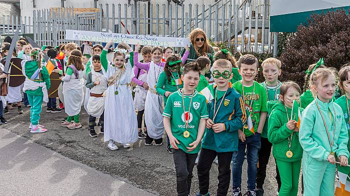 Scoil an Chroí Ro Naofa Castletownbere won the overall prize at the Castletownbere St Patrick's Day parade. Their theme was Team Ireland from Mount Olympus in 776 BC to the Eiffel Tower in 2024.   (Photo: Anne Marie Cronin)