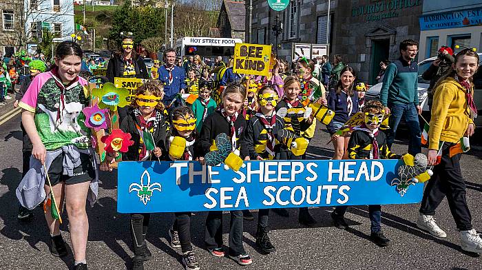 The Sheep’s Head Sea Scouts enjoyed participating in the Bantry St Patrick’s Day parade with their Save the Bees walking float. (Photo: Andy Gibson)