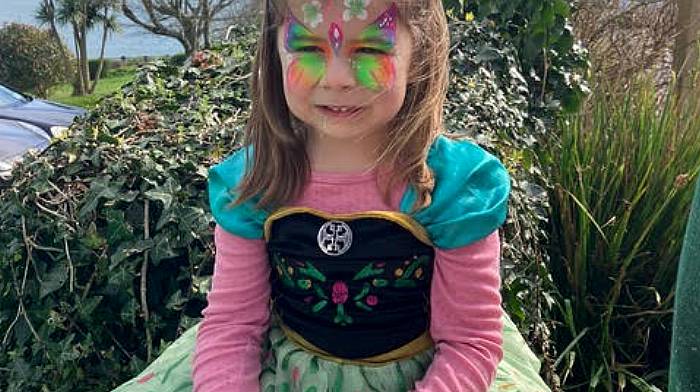 Emily Quinlan from Coorydarrigan in her multi-coloured gown and feathered headdress as she followed the dress code for this year’s Schull St Patrick’s Day parade which was Dathanna/Colours.