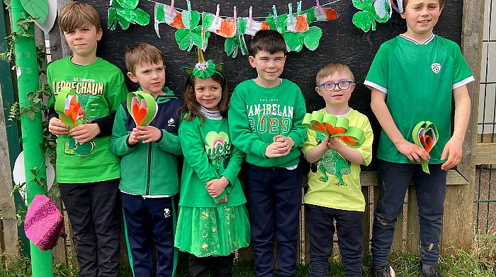 At the outdoor classroom at Clogagh National School on Lá Glas during  Seachtain na Gaeilge were (from left): Kai Fleming, Alex Harman, Mila Maerten, Bobby McCarthy, Donal McCarthy and Konrad Diamond.