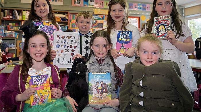 Second class pupils from Barryroe National School during World Book Day. (Back, left to right): Shai O’Donovan, Callum O’Sullivan, Rachel O’Regan and Margaret Whelton.  Front (left to right): Roisin Whelton, Stephanie Fleming and Niamh Whelton.  (Photo: Martin Walsh)