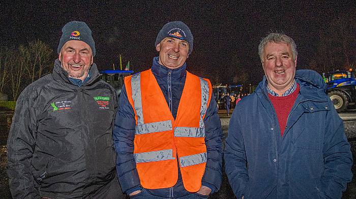 At the Courtmacsherry Rowing Club’s Seven Heads Tractor Run, (L to R) Paddy and Michael Ryan, Ballinascarthy and Conor O’Sullivan, Clonakilty before they left Timoleague and traversed a route to culminate at the Courtmacsherry Rowing Clubhouse.