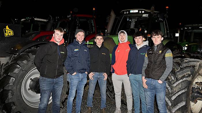 TRACTOR BOYS: at the Courtmacsherry Rowing Club’s fundraising tractor run were (left to right): Daniel Seaman, Max Traynor, Christopher Trunwit, all from Bandon, Conor Galvin, Newcestown, CJ Bryan, Kilbrittain and Sean Ahern, Bandon.  Photo: Martin Walsh.