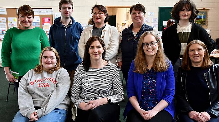 Back, from left: Máire O’Sullivan (co-ordinator, West Cork Campus); Cameron O’Leary, Noreen Evans, Karen McDermott and Breeanne McDermott (business).
Front: Ava Dolan (business); Mary Hodnett (West Cork Distillers); Karen Kelly (HSE, former graduate), Judy Sexton (co-ordinator, business)