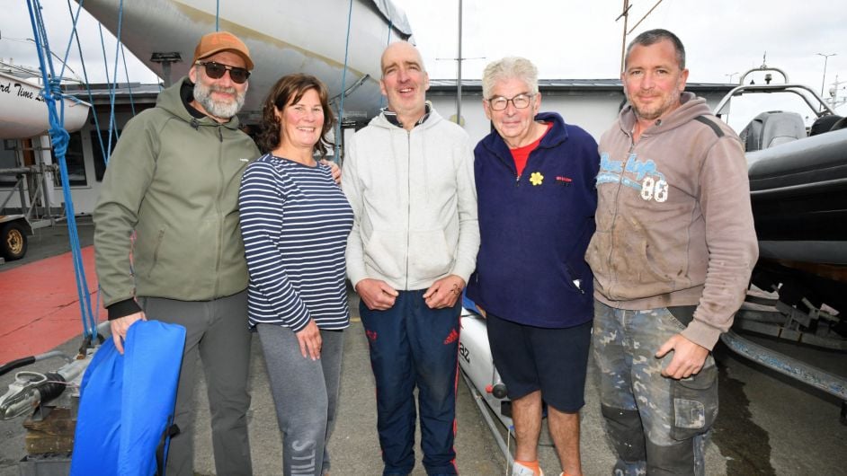 Loch Hyne Lappers: Sam Burch, Fiona Begley, Severin McCullagh, Brian Hourihane & Szabolcs Hornyak (boat support), at the Sherkin to Baltimore Swim, 28th September 2024. Photo Siobhán Russell