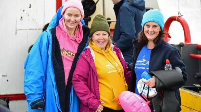 Myrtleville swimmers, Nicola Hassell, Susan Horgan and Lisa Cush, on the ferry over to Sherkin before the swim.		                 (Photos: Siobhan Russell)