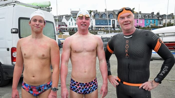 Brian Foster (winner) with Rowen Gilley (2nd place) and Charlie Duggan (3rd place) at the Sherkin to Baltimore swim which was held last Saturday. (Photo: Siobhán Russell)