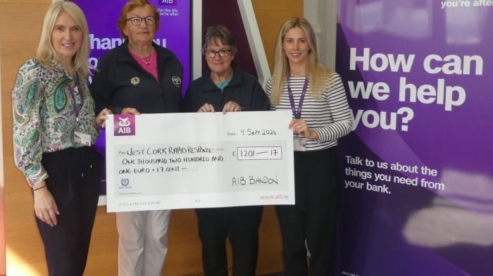 The proceeds of a very successful coffee morning held at AIB Bandon for West Cork Rapid Response were handed over recently. From left: Shelia McCarthy, Betty Hennessy, Kate Crowley and Linda Moynihan.