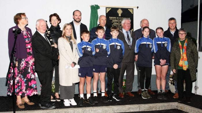 Participating in the three patriots commemorations in Clogagh were (back, from left):  Betty Hennessy, Michael Heaney, Cllr Gillian Coughlan, Cllr Noel O'Donovan, Cllr Alan Coleman, county mayor Cllr Joe Carroll, JJ Walsh and Cllr John Michael Foley. Front (from left): Helen O'Flynn Kiernan, Harry O'Reilly, Ryan Deasy, Conor Cashman, Aoibhín McCabe, Neasa Kiernan and Kate Crowley.