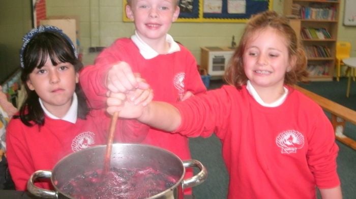 St James' National School pupils Cara Guerrero, Theo Payne Lynch and Nina Woodward making blackberry jam.