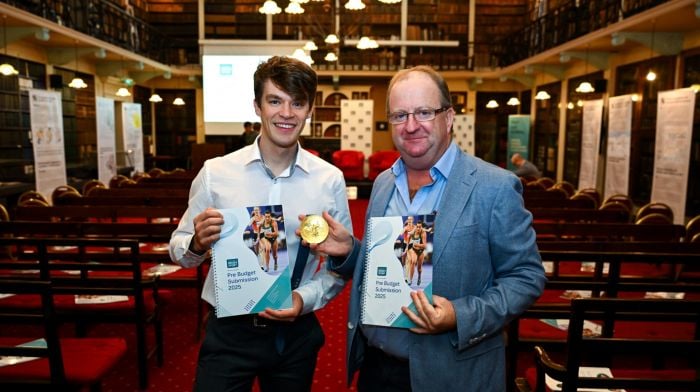 Double Olympic gold medallist Fintan McCarthy with TD Michael Collins at the Federation of Irish Sport's launch of their pre-budget submission 2025 at The Royal Irish Academy in Dublin. (Photo: David Fitzgerald)