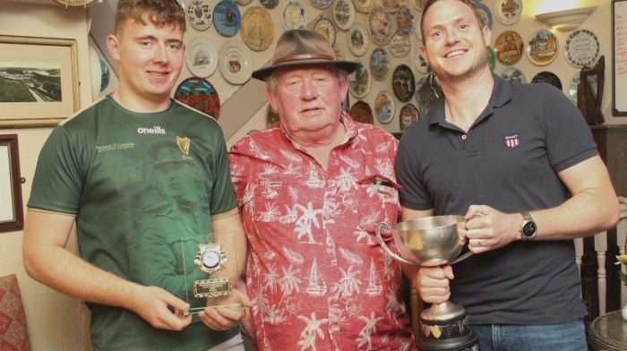 At the Tim White road bowling final which took place on the Cahermore Road were (from left): Darragh Dempsey (runner up), Steve Hayes (chairman Rosscarbery bowling club) and David Shannon (winner).