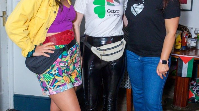 Miriam Ruckert (Kinsale) with organisers Eve O’Mahony and Siobhan Kantagaran from Kinsale for Palestine at the recent Night Of Music from the 80s, 90s and 00s which was held in Hamlets with all proceeds going to local Aoife Ní Mhurchú on the Gaza Flotilla.  (Photo: John Allen)