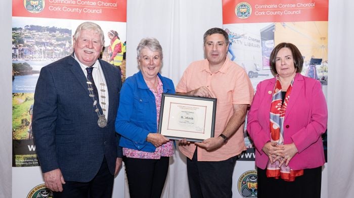 Cork County Council recently announced the winners of its annual Anti-Litter Challenge. At the event were Maria Finn and Shane Keane, representatives from Ballinhassig, who are the county final small village winners, with deputy mayor Martin Coughlan and chief executive Moira Murrell.  (Photo: Gerard McCarthy)