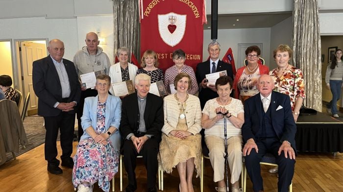 The diamond pin, gold pin and cert recipients with mid-west region committee members at the annual Pioneer Total Abstinence Association’s lunch and social which was held last Sunday in Actons Hotel, Kinsale. Back (from left): Dan O'Mahony (Bandon and mid-west PTAA), gold pin recipients Noel Buckley, Theresa McCarthy and Margaret O'Sullivan, diamond pin recipients Phil O'Keeffe, Micheál O'Donovan , Elma Crowley and Joan O'Driscoll (Courceys and mid-west PTAA).  Front (from left): Aislinn Cogan (honorary treasurer, mid-west), Rev Monsignor Aidan O'Driscoll, Frances Egan (national president PTAA), Sheila Murphy (honorary secretary mid-west region) and Barry Cogan (public relations officer) mid-west region PTAA.