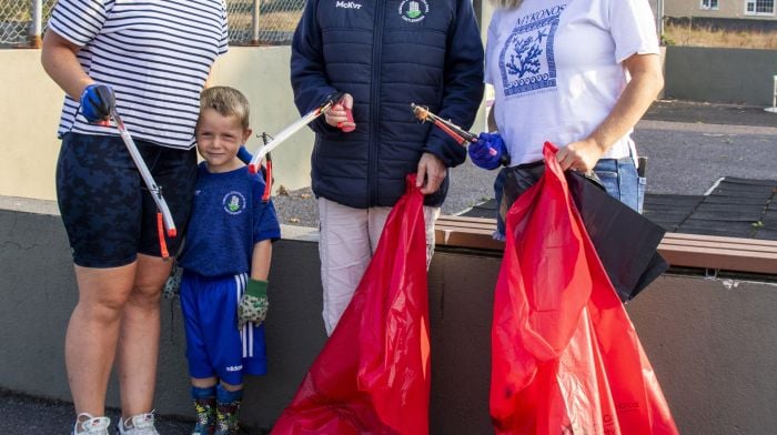 Imelda O’Sullivan, Claire O’Mahony, Mary Hallihane and Daniel O’Sullivan with their litter pickers and bags in support of Castlehaven GAA’s recent community clean-up day.     (Photo: Andrew Harris)