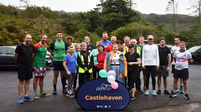 Castlehaven Parkrunners marked the 20th Anniversary of Parkrun last Saturday morning at Rineen Woods where the run is held every Saturday at 9.30am. Photo; Anne Minihane.