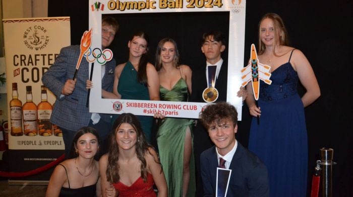 Enjoying the celebrations at Skibbereen Rowing Club's Olympic Ball last Saturday night at the West Cork Hotel were - Eve Waugh O'Brien, Emily Sheehan, Thomas Hickey Navarro, Irene Aguirre, Holly O'Flynn, Ultan Kearney, Mimi Jacob and Mattias Cogan. Photo; Anne Minihane.