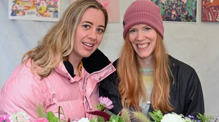 Clonakilty’s Karen McCarthy from East West Flowers at the Friday market with Paula McGloin of Illustrated Products.   (Photo: Martin Walsh)