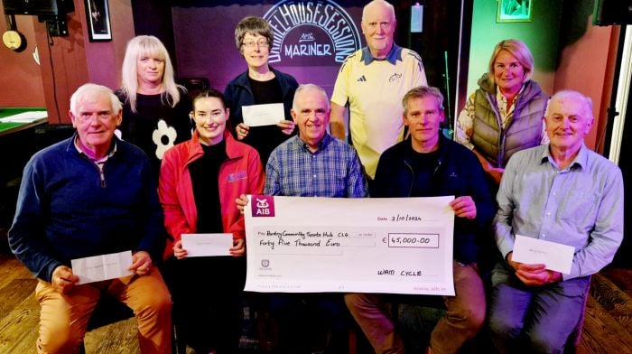 At the Wild Atlantic Mizen Cycle function at the Mariner in Bantry, to present the proceeds of the cycle to local charities and community organisations were (front, from left): Robert Wilmot (Bandon Hyperbaric Oxygen Centre), Sinéad Keohane (Cancer Connect), Cormac Daly (Wild Atlantic Mizen Cycle), Rory O’Callaghan (Bantry Community Sports Hub) and Noel O’Mahony (Bantry Tidy Towns). Back (from left): Susan O’Sullivan (Wild Atlantic Mizen Cycle), Rhona Deane (West Cork Rapid Response), Teddy O’Brien (Wild Atlantic Mizen Cycle) and Eileen O’Shea (Bantry Development and Tourism Association). The Wild Atlantic Mizen Cycle (formerly the Emergency Services Cycle), has been running for the last twenty years and has raised over €600,000 for more than 70 voluntary organisations in West Cork. The organisations to benefit from the proceeds of the last two cycles, amounting to €50,000, were, the Bandon Hyperbaric Oxygen Centre, Bantry Development and Tourism Association, West Cork Rapid Response, Bantry Tidy Towns, Cancer Connect and the Bantry Community Sports Hub. Registration for the 2025 cycle, on the second Saturday in July, will open in early 2025 and early registration is advised. (Photo: Garry Minihane)