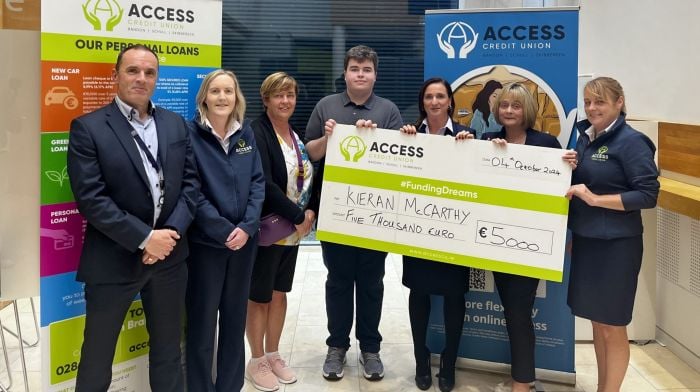 Kieran McCarthy from Skibbereen is the winner of the Access Credit Union’s Donal O’Driscoll Bursary Award 2024. From left: Tony Hughes (Access Credit Union chief executive officer), Claire Sweetnam, Margaret McCarthy, Kieran McCarthy, Valerie O’Driscoll, Catriona O’Driscoll and Elaine Hurley.