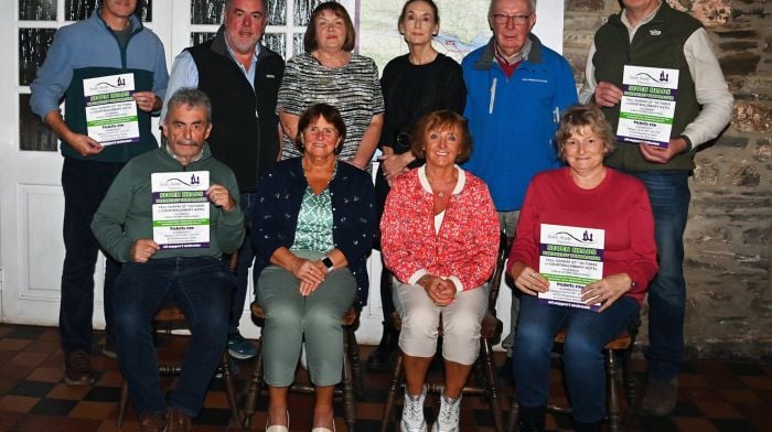 At a meeting of the Seven Heads Walks committee to discuss plans for the annual fundraising breakfast in Courtmacsherry Hotel on Sunday morning October 27th were (seated, from left): Denis Cahalane, Ann Murphy, Noreen Fleming and Bridget Deasy.  Standing (from left): Paul Hayes, John O’Brien, Jacky Kelly, Fiona O’Flynn, Michael O’Sullivan and Ger Hunt.  (Photo: Martin Walsh)