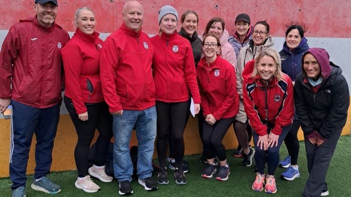 Courcey Athletic Club’s coaches enjoying a great evening at the end of season prizegiving ceremony at the Courcey Rovers grounds. From left: Martin Ryan, Fiona Coholan, Gregg Nield (club chairperson), Laura Hipwell, Bernie Murray, Noelle McCarthy, Karen Lewis Jones, Claire Callanan and Ber Hayes. Front (from left): Sarah Ryan, Carol Moloney and Leah Crean.