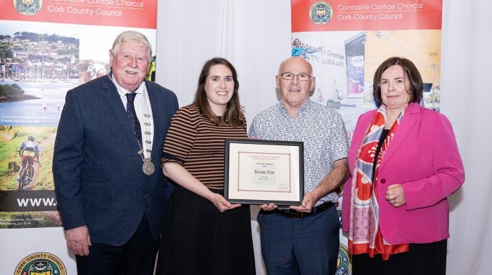 Grainne Crowley and John Daly, representatives from Passage West, who were placed second in Category A at the Cork County Council’s annual Anti-Litter Challenge, with deputy mayor Martin Coughlan and chief executive Moira Murrell.

(Photo: Gerard McCarthy)