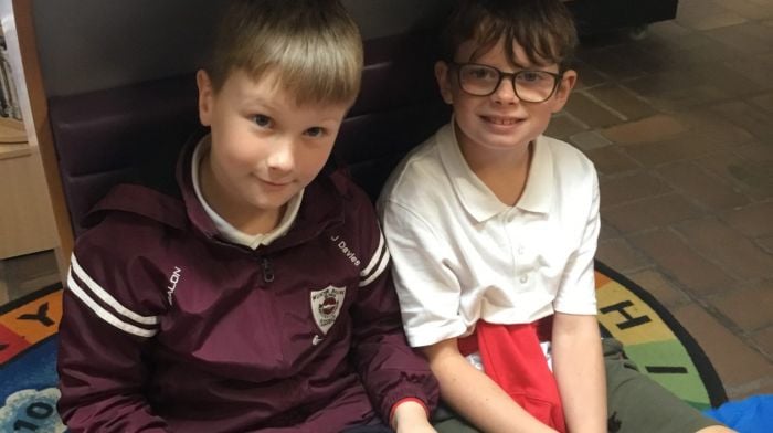 St James’ National School pupils Harvey Payne Lynch and James Davies enjoying their experience at Bantry library during their recent visit where they created some autumn artwork for the library display.