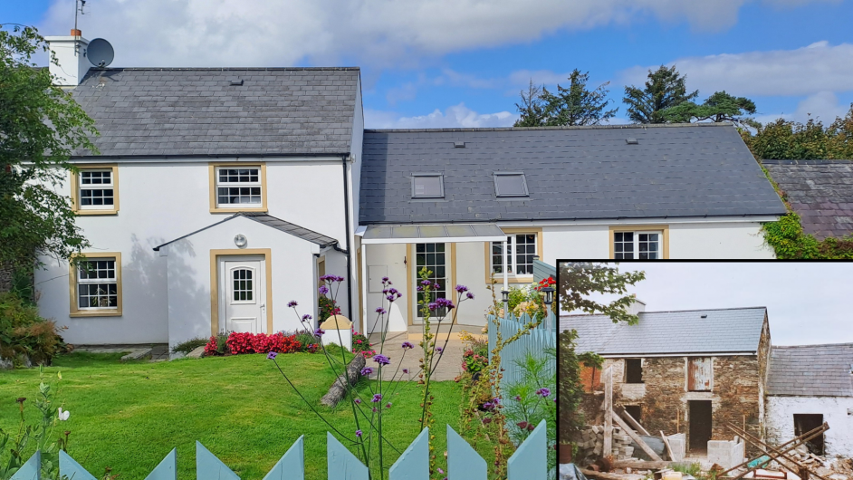 The Minihanes’ lovingly-renovated old farmhouse and milking stall. Inset: Part of the renovation included the addition of a porch to the front of the farmhouse.