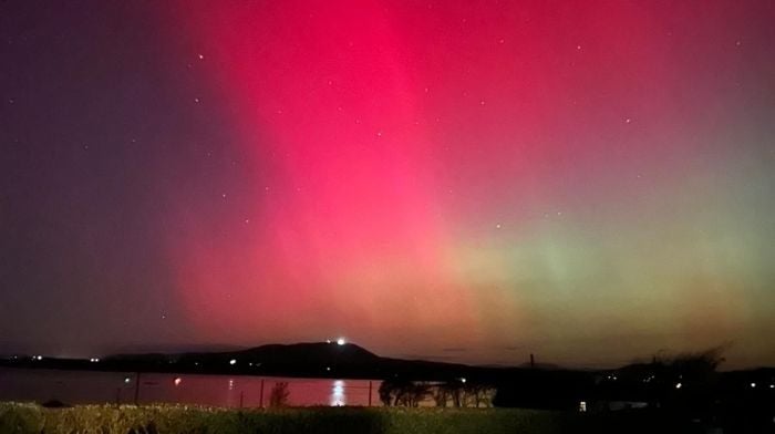 Eoghan Barry, Kilkilleen, Church Cross took a photo of the Northern lights standing outside home looking over roaring water bay including Mount Gabriel in the background