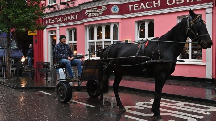 Clonakilty’s Christopher Williamson with his own mode of transport waiting for the traffic to clear on Pearse Street.  (Photo: Martin Walsh)