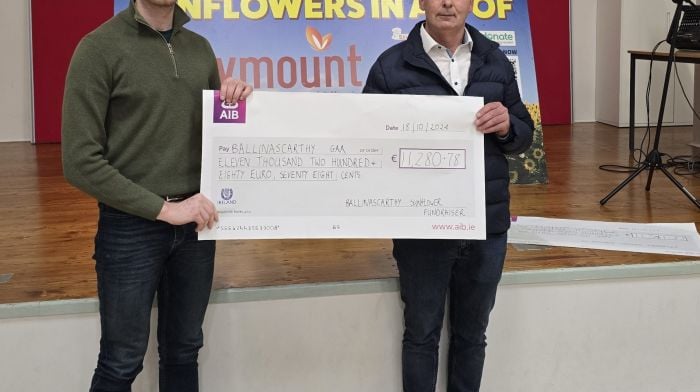 Morning Cammy, in the two photos, the name of the gentleman resenting the cheques is Ballinascarthy GAA treasurer Cathal Nyhan.  Thanks, K

 Ballinascarthy GAA in Partnership with Marymount Hospice presented the cheques from the \