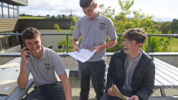 Fionn Collins, Ben Sharpless and Charlie Payne from St Brogans College in Bandon celebrating their Junior Certificate results. (Photo: Denis Boyle)