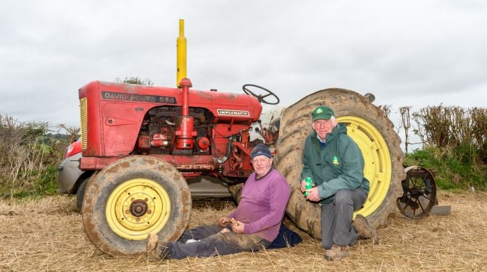 Mike Coomey (Timoleague) and Denis Keohane (Ballinascarthy) refuelling after a long day at Kilbrittain’s 40th annual ploughing match which was the first ploughing match of the 2024/2025 season in the Cork West region and which was held on the lands of Con and Kathleen McCarthy, Knoppoge, Bandon. (Photo: David Patterson)