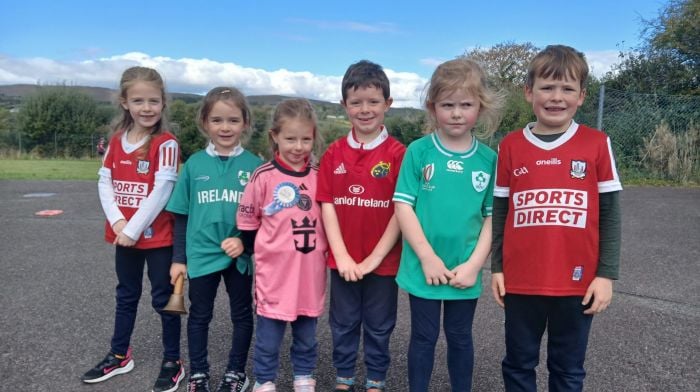 Some of the junior room students from Carrigboy National School in Durrus wearing their jerseys for goal jersey day are (from left):  Hannah Coughlan O'Sullivan, Grace O'Driscoll, Alice Daly, Rory Daly, Ava Levis and Páraic Tobin.