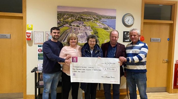 The Friends of Schull Community Hospital were delighted to receive the proceeds of €2,370 from the Pumpkin Harvesting Day on O’Regan’s farm at Gunpoint, Schull.  From left: Dexter O’Regan, Denise O’Regan, Nora O’Regan (treasurer, Friends of Schull Hospital), Michael Collins (chairman, Friends of Schull Hospital) and Billy O’Regan.