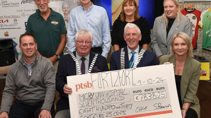 At the presentation of funds to the Mercy University Hospital Foundation,  from the proceeds of the recent Fort2Fort Charity Cycle around Cork Harbour, were (seated, from left): Cian Delanty (chairman Fort2Fort Cycle), county mayor Cllr Joe O'Carroll, James O'Loughlin (district governor of Lions Clubs of Ireland) and  Deirdre Finn (head of fundraising, MUHF).  Back (from left): Sam Beamish (Fort2Fort Cycle), Michael O'Brien (director, MUHF), Linda Egan (corporate fundraising officer, MUHF) and Sharon Conroy (Cork County Council).   (Photo: 

Adrian O'Herlihy)