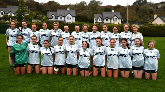 The Ilen Rovers junior ladies who lost out to Bandon in the junior D county final by a point are (back, from left): Mary Bushe, Clodagh Hickey, Anna Hurley, Daisy Griffiths, Alannah Cawley, Meg Walshe, Alice Bushe, Amy Harte, Aishling Whooley, Leah Carey, Chloe Harte, Aoife O'Driscoll and Eimear Carey. Front (from left): Saoirse Harte Leonard, Carla O'Regan, Diana Rose Coakley, Emma Hurley (captain), Keelin Murphy, Kate Carey, Maebh Collins, Grainne Connolly, Anna Collins, Sarah Keating and Ava Murphy.