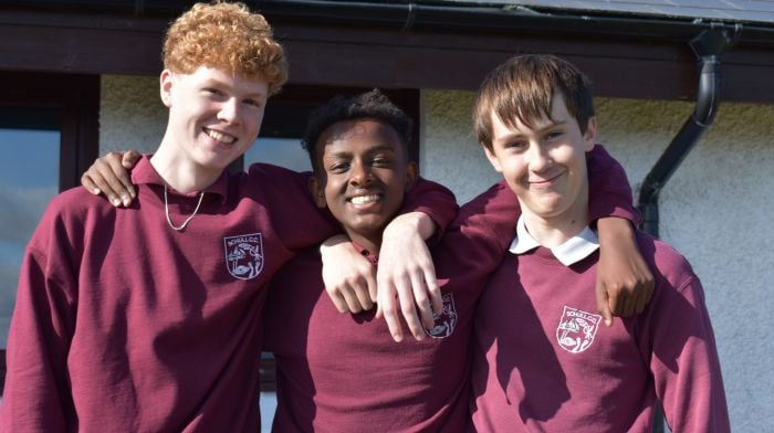 Sam Logan, Ben Gibson and Liam Coughlan after receiving their results at Schull Communit School.