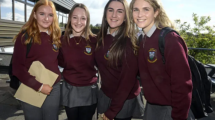 Celebrating their junior cert results at St Brogans College Bandon was Rachel, Ciara, and Niamh O'Mahony and Olivia Morgan from Killbritain. (Photo: Denis Boyle)