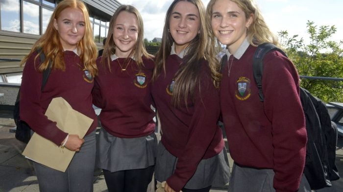 Celebrating their junior cert results at St Brogans College Bandon was Rachel, Ciara, and Niamh O'Mahony and Olivia Morgan from Killbritain. (Photo: Denis Boyle)